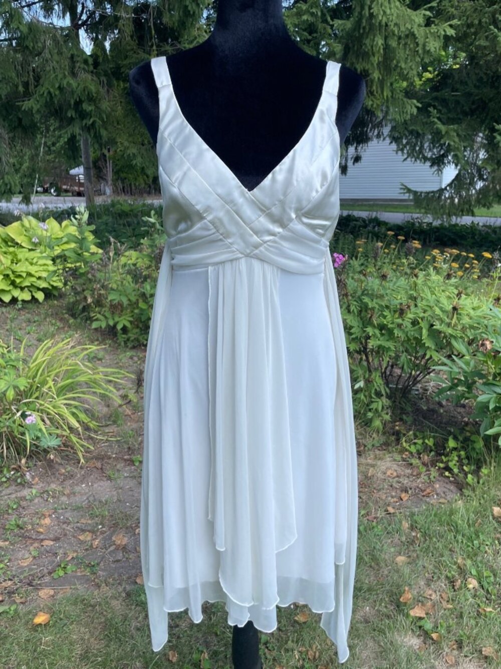 Vintage Y2K Taboo Mini Dress Cream Layered Empire Tie Back Satin Mesh Sz 7 8